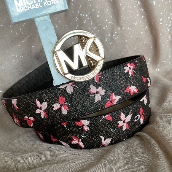 Brand New Michael Kors Reversible Brown Floral Belt w/ Gold Tone Buckle
